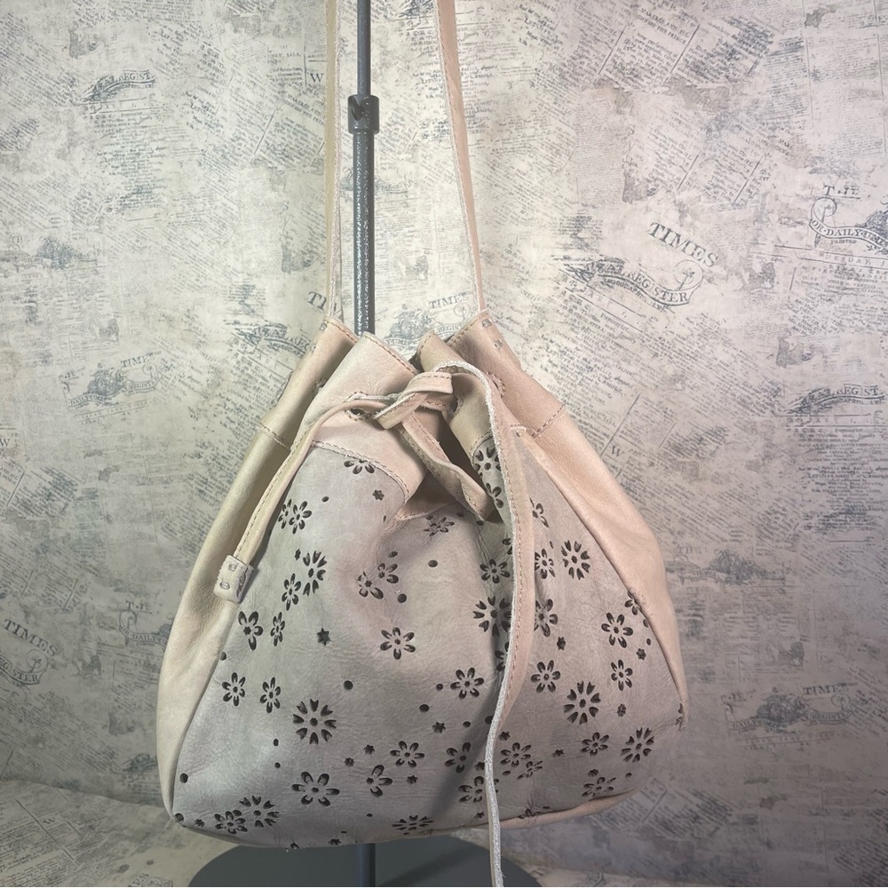 49 Square Miles Italian Leather Bucket Bag Laser Cut Floral Crossbody